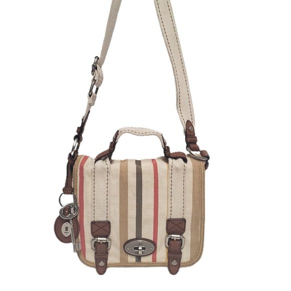 Fossil Handbags - FOSSIL Crossbody Bag Canvas & Leather With Key BoHo 8" x 9"